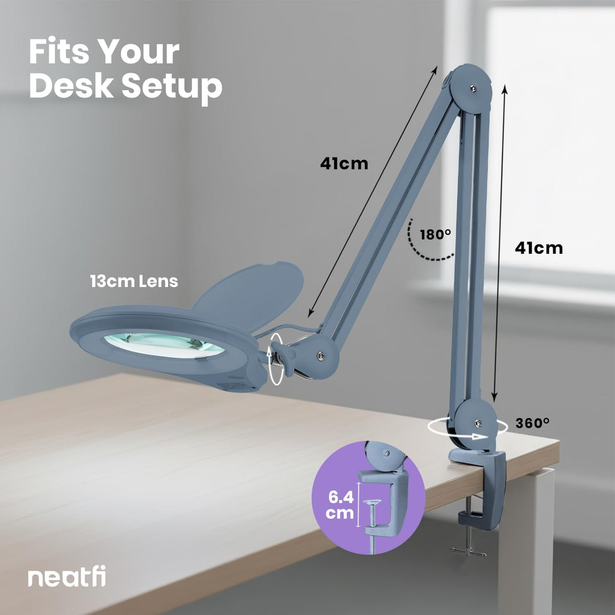 Neatfi LED Bifocal Magnifying Lamp, 1200 Lumens, 5D + 20D Lens (Gray)