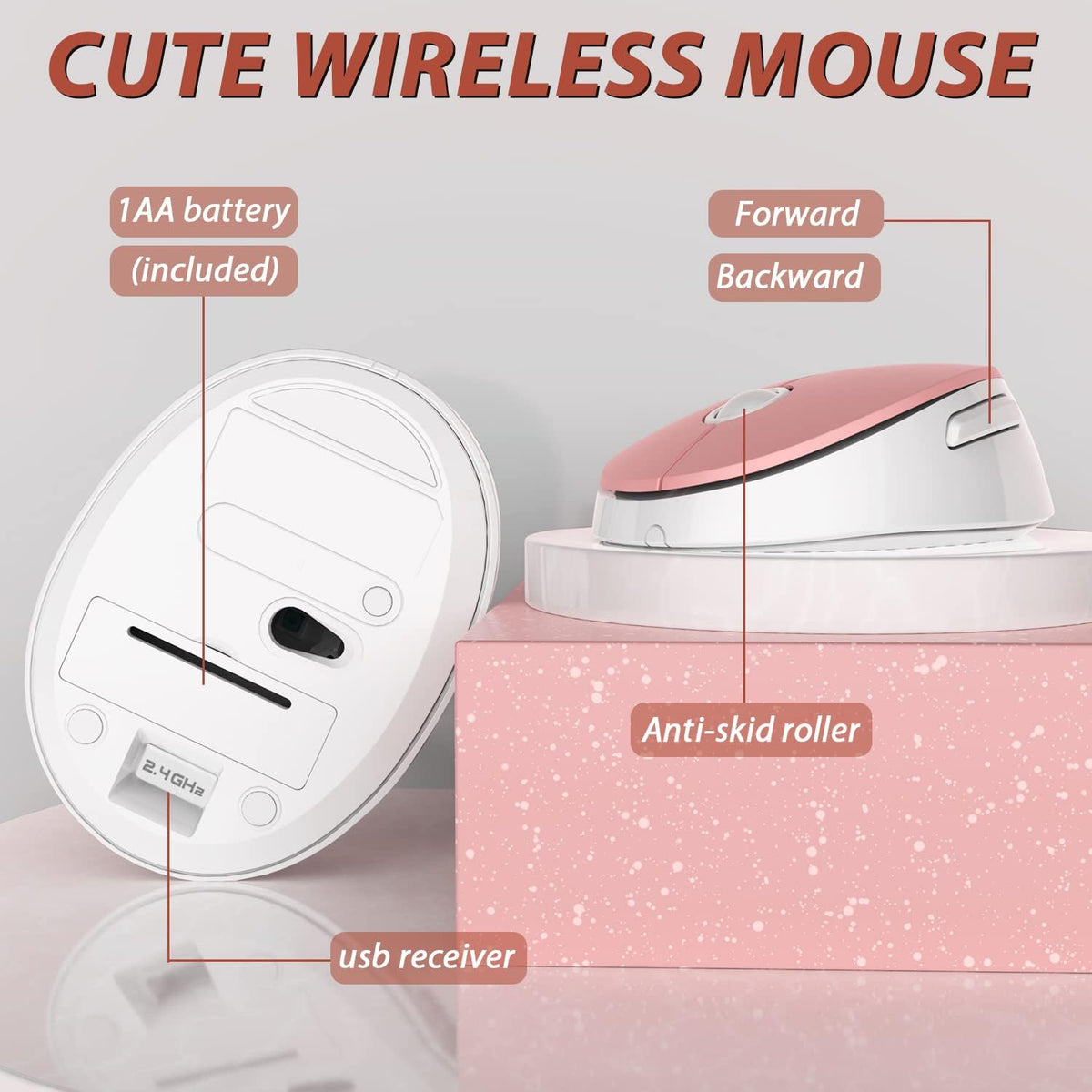 Kootop Wireless Keyboard Mouse, Cute 104 Keys Typewriter Pink White