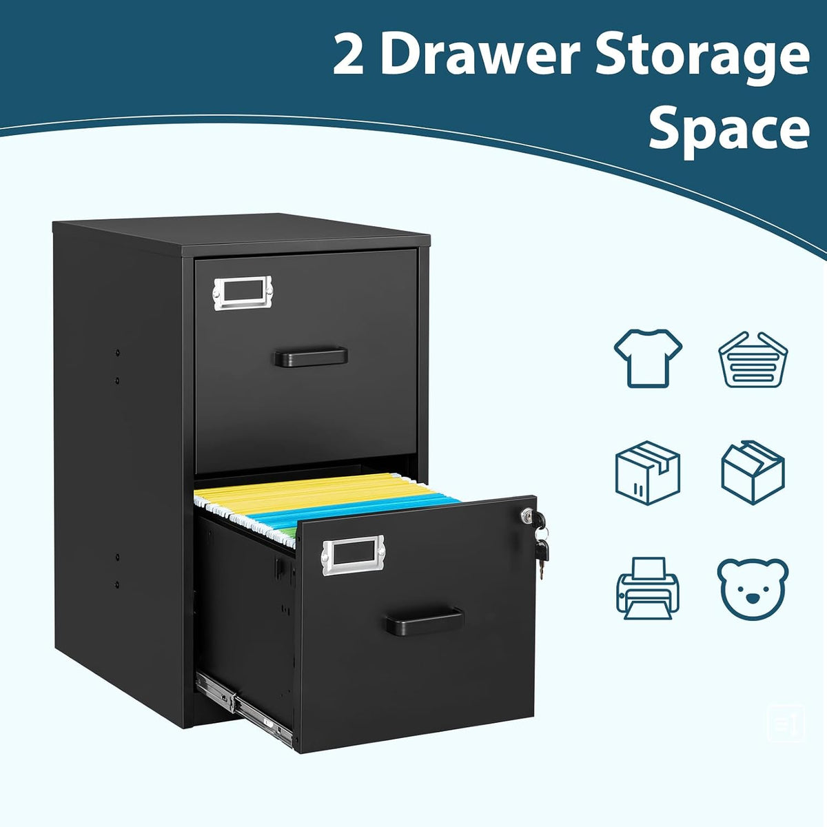 MIIIKO 2 Drawer File Cabinet with Lock, Metal Locking Filing Cabinets for Hom...