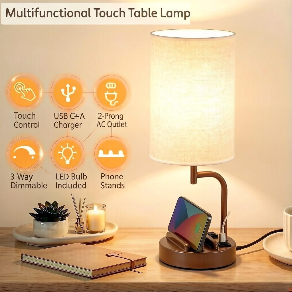 Dreamholder Touch Control USB Table Lamp with USB C/A & AC Outlet, 3-Way ...