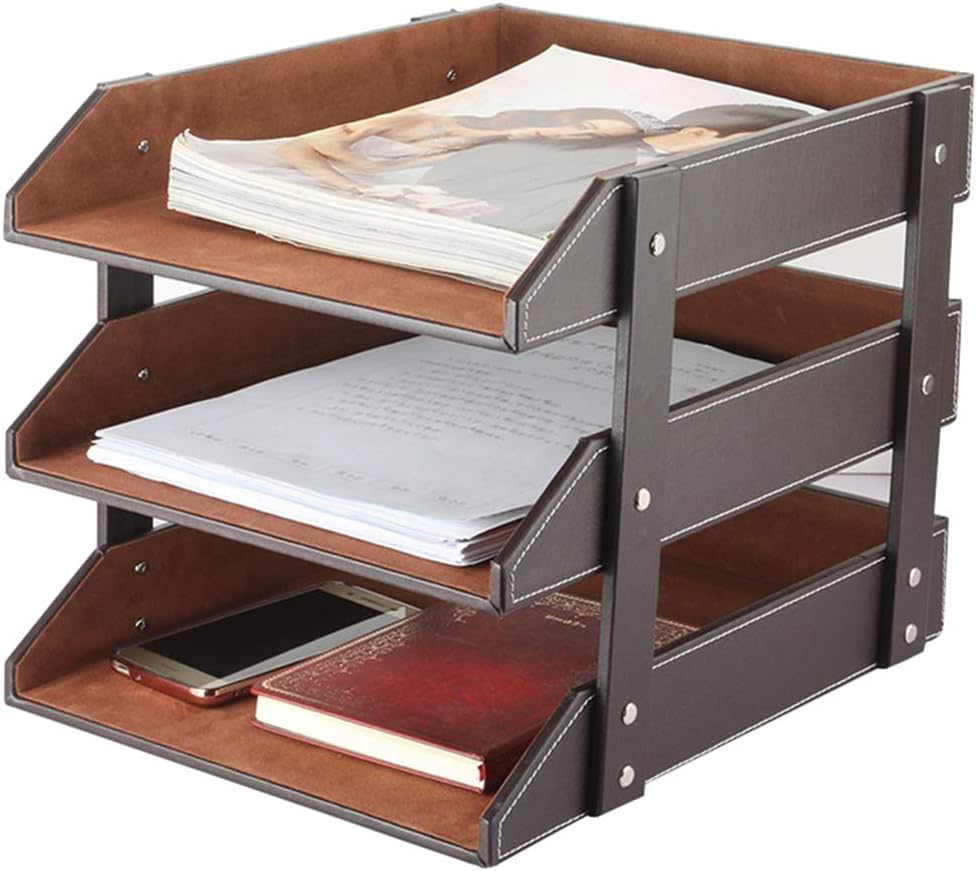 Very Sturdy 3 Tier Leather Desk File Rack for Office Supplies/Stationery/Fold...