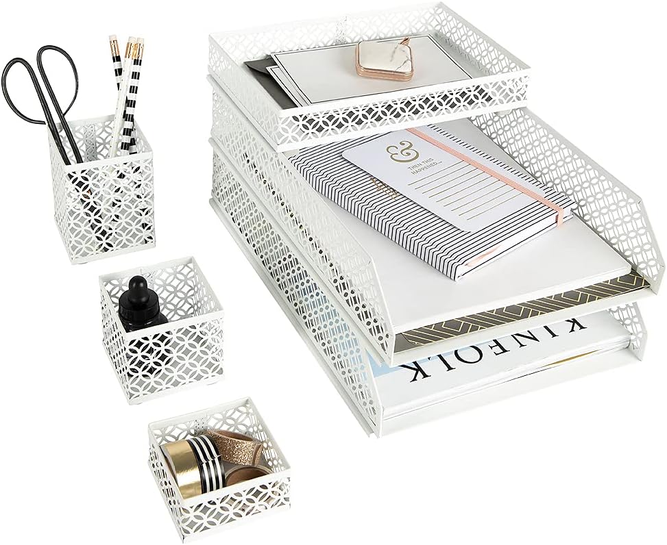 BLU MONACO | White Desk Organizer Set | 6 Piece Metal Desk Organizer with Pen...