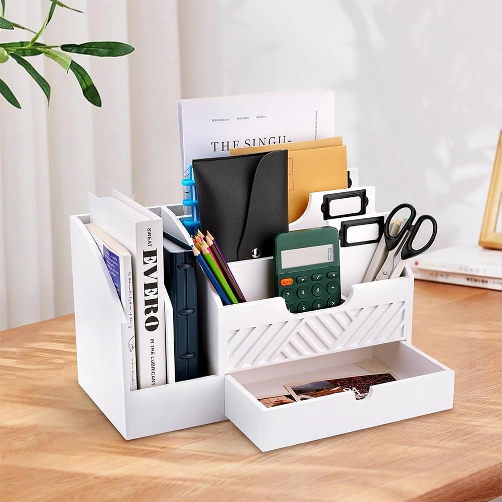Wood Mail Organizer Countertop, 6 Compartments with Drawer, White