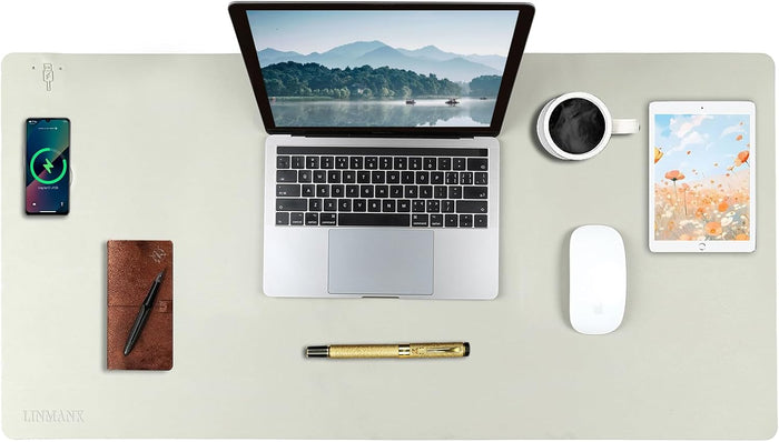 Wireless Charging Mouse Pad with for Desktop Charging Large Desk Mat 32"x16" Waterproof Gray Leather Computer Mat Mousepad Non-Slip Protector on Top of Desks for Keyboard and Mouse (Gray-L)