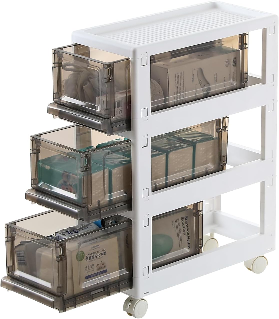 Plastic 3 Drawer Storage Organizer, Narrow Plastic Storage Drawers with Wheel...