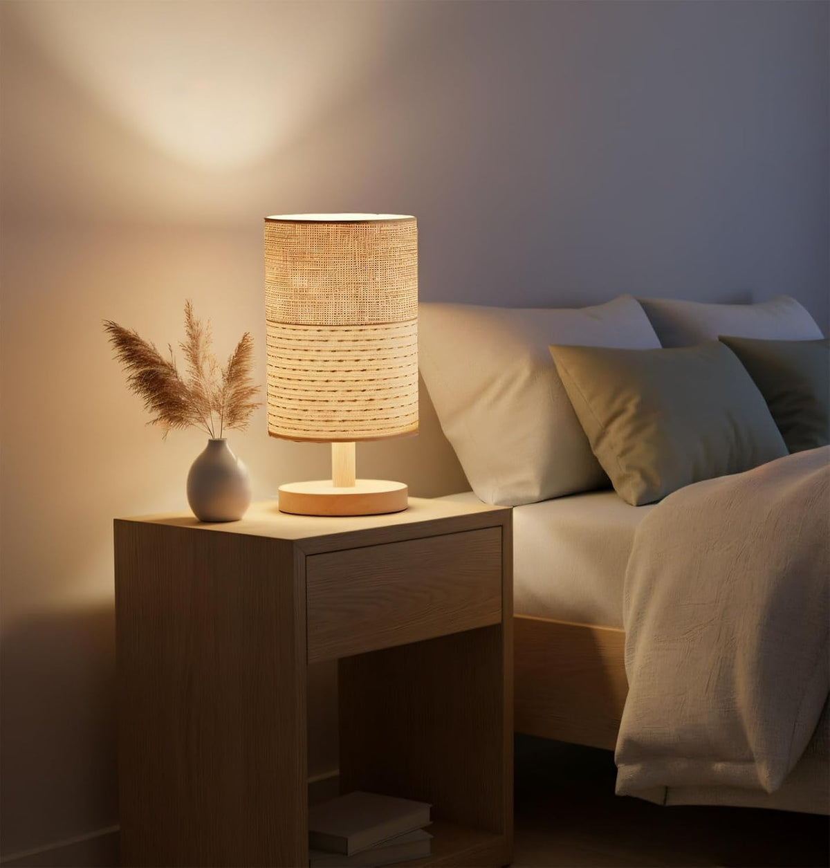 AFORTLO Table Desk Lamp, Small Fabric Boho Decorative Nightstand Night Light ...