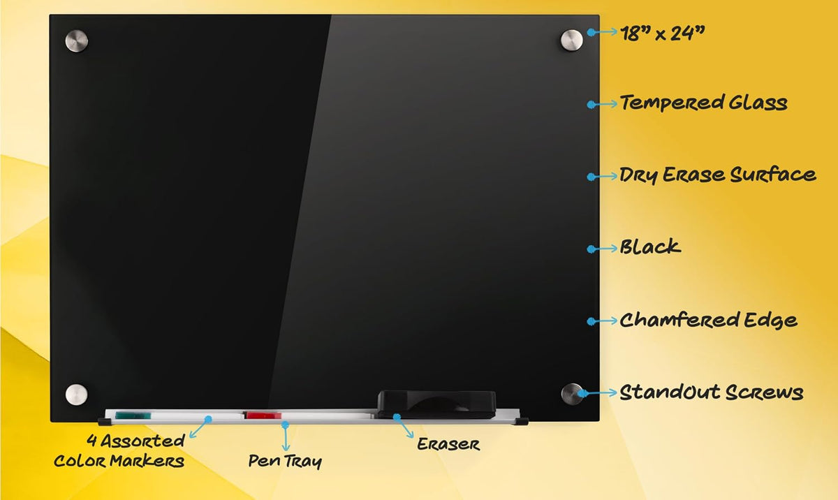 Real Glass Dry Erase Board, 18" x 24", Tempered Glass Surface, Fram...