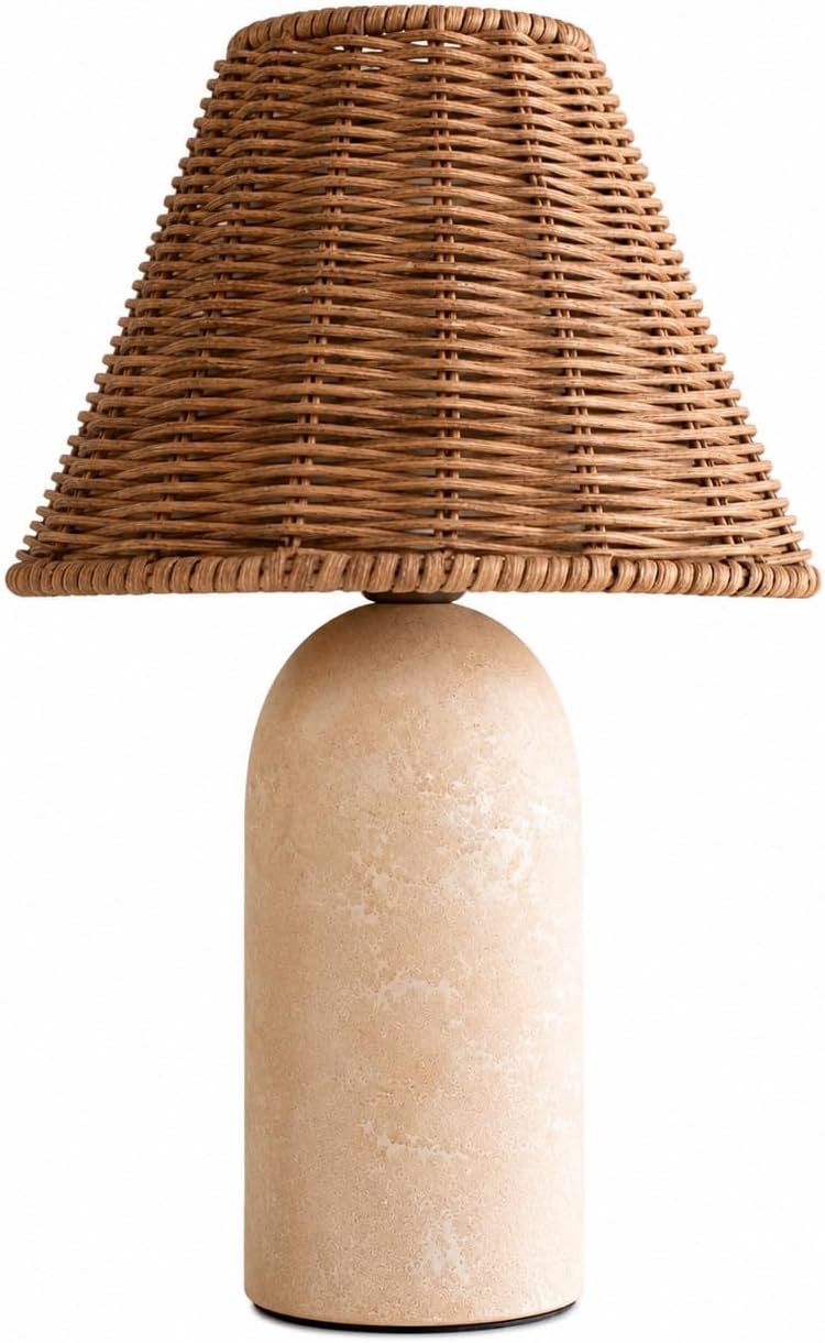 14" Small Mini Wicker Table Lamp – Handmade Ceramic Base with Rattan Sha...