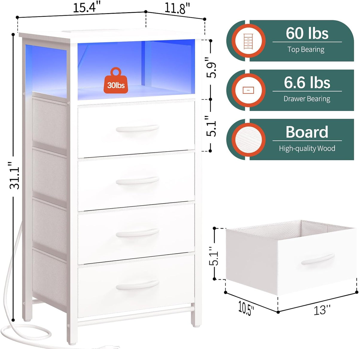 Yoobure Night Stand - LED White Nightstand with Charging Station for Dorm