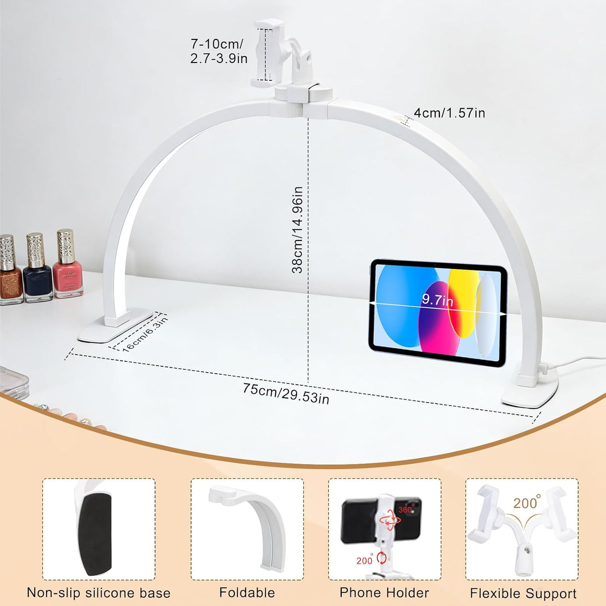 Half Moon Light for Nail Desk 29", Foldable LED Nail Desk Lamp With Rota...
