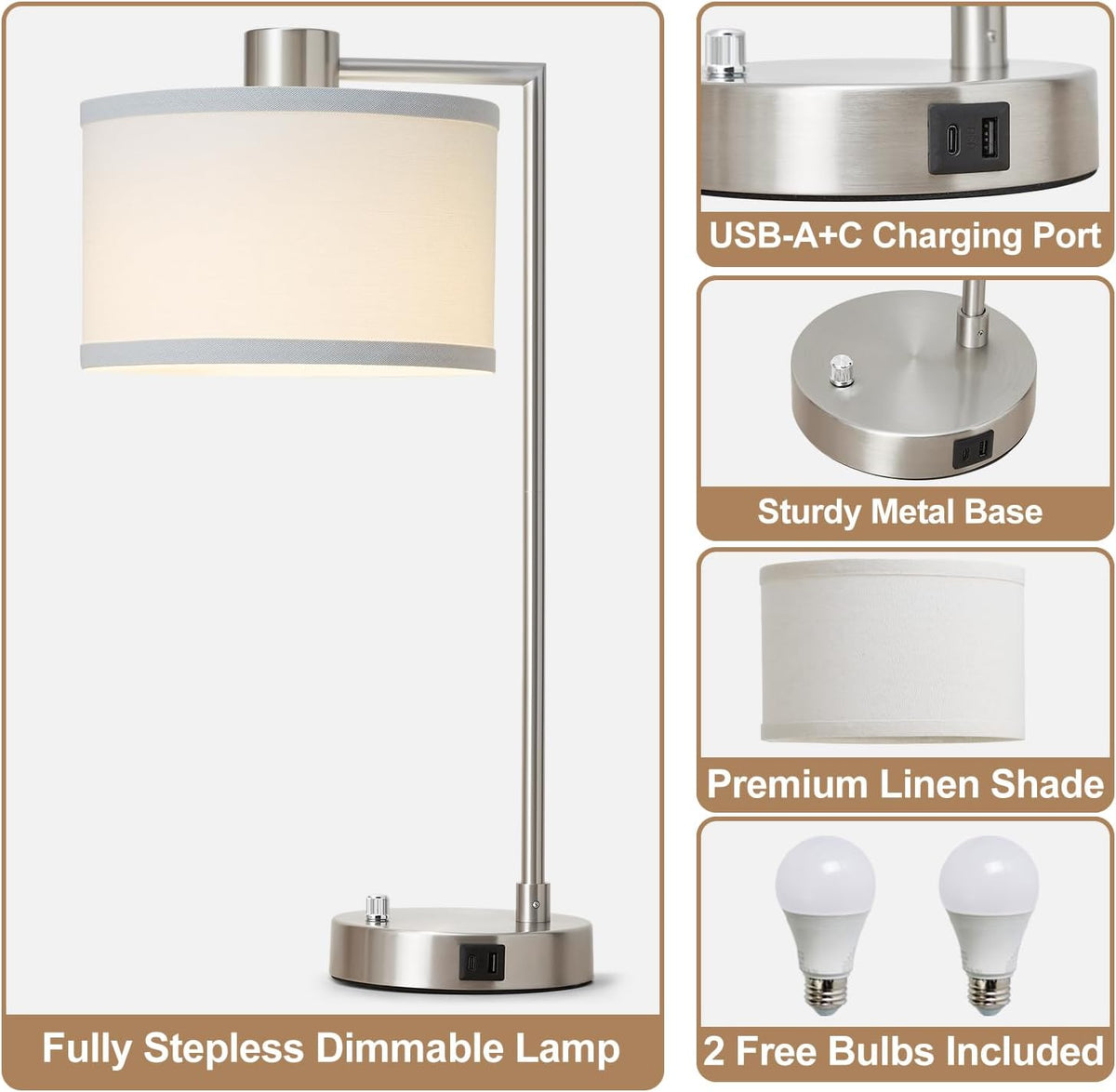 Silver Table Lamp Set of 2, Dimmable Bedside Lamps for Night Stand, USB A+C