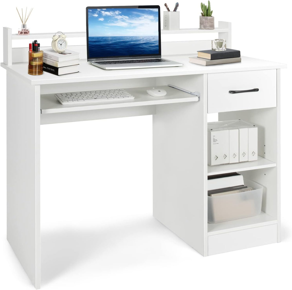 Computer Desk with Hutch & Keyboard Tray, Home Office Workstation with Dr...