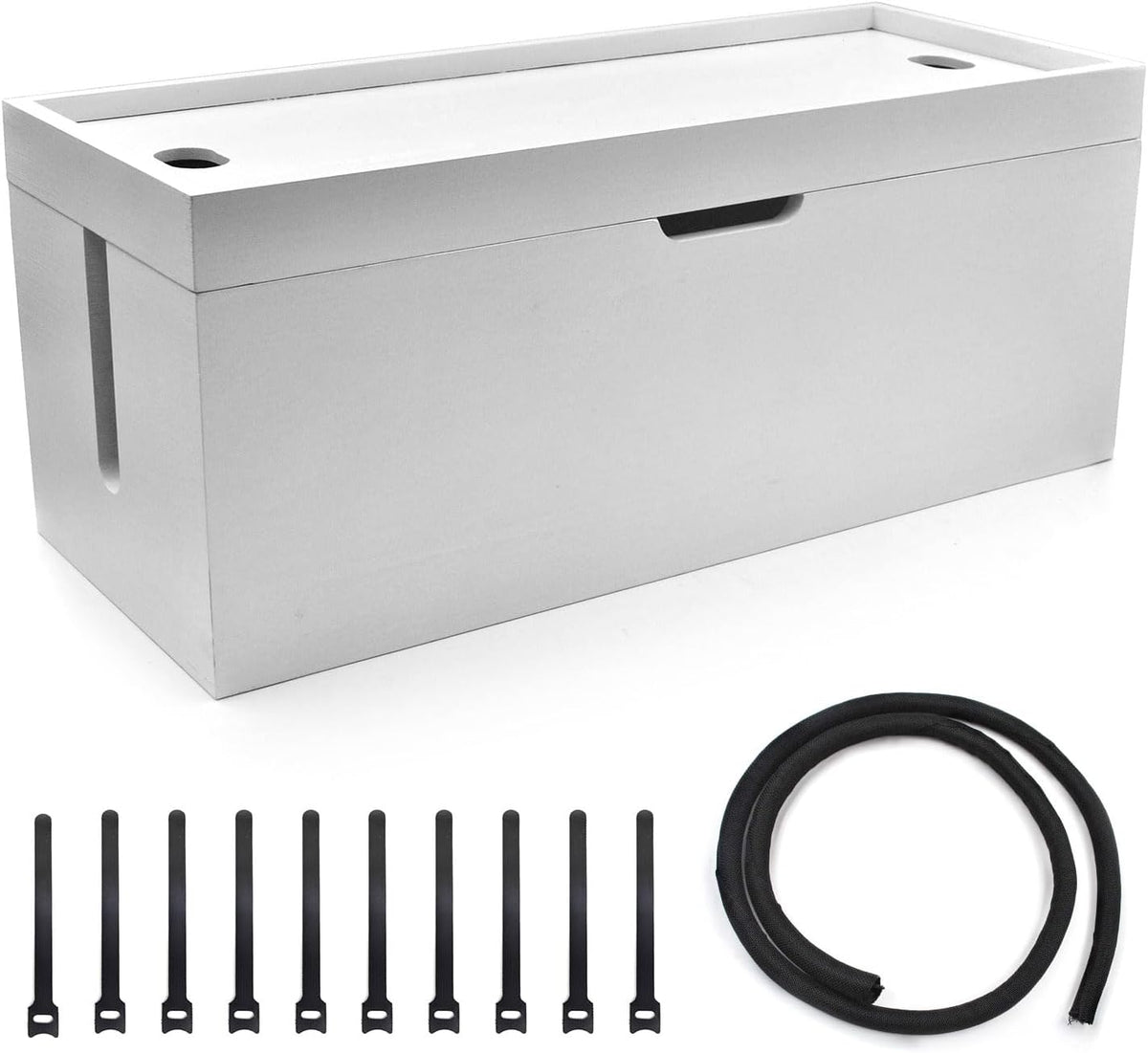 15 Inch Bamboo Large Cable Management Box, White Cord Organizer