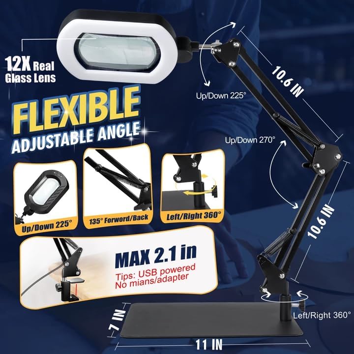 12X Magnifying Glass with Light and Stand, 144 LED Lighted Magnifying Light