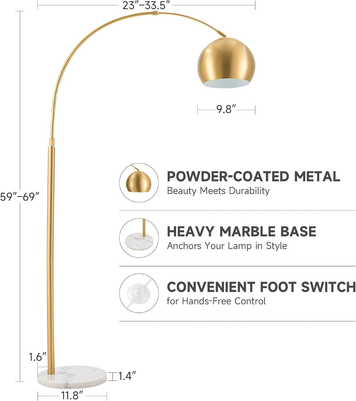 CO-Z 69" Modern Arc Floor Lamp, Gold Standing Light with Adjustable Meta...