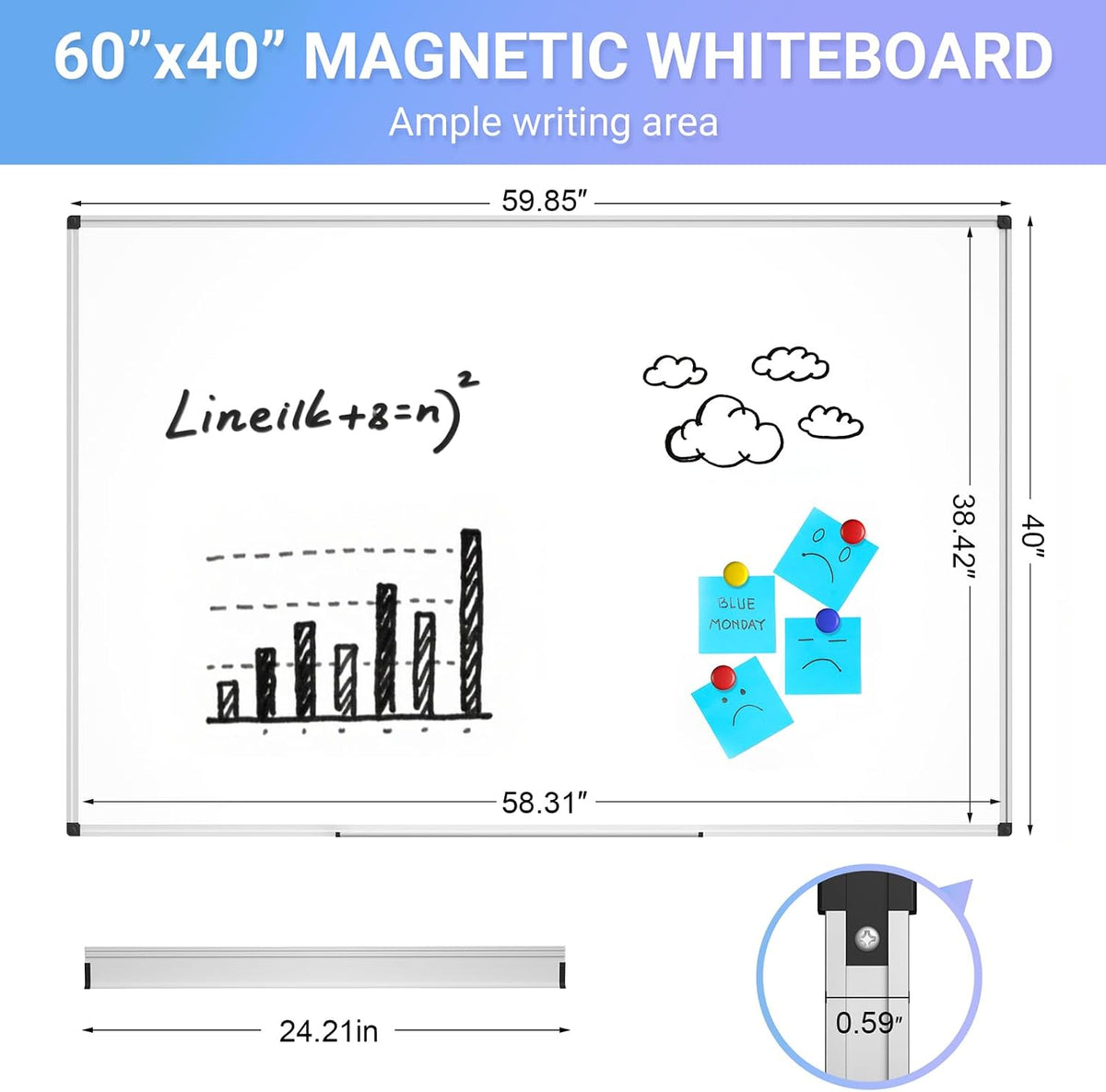 Magnetic Dry Erase Whiteboard, 40 x 60 Inch Large Wall Mounted White Board