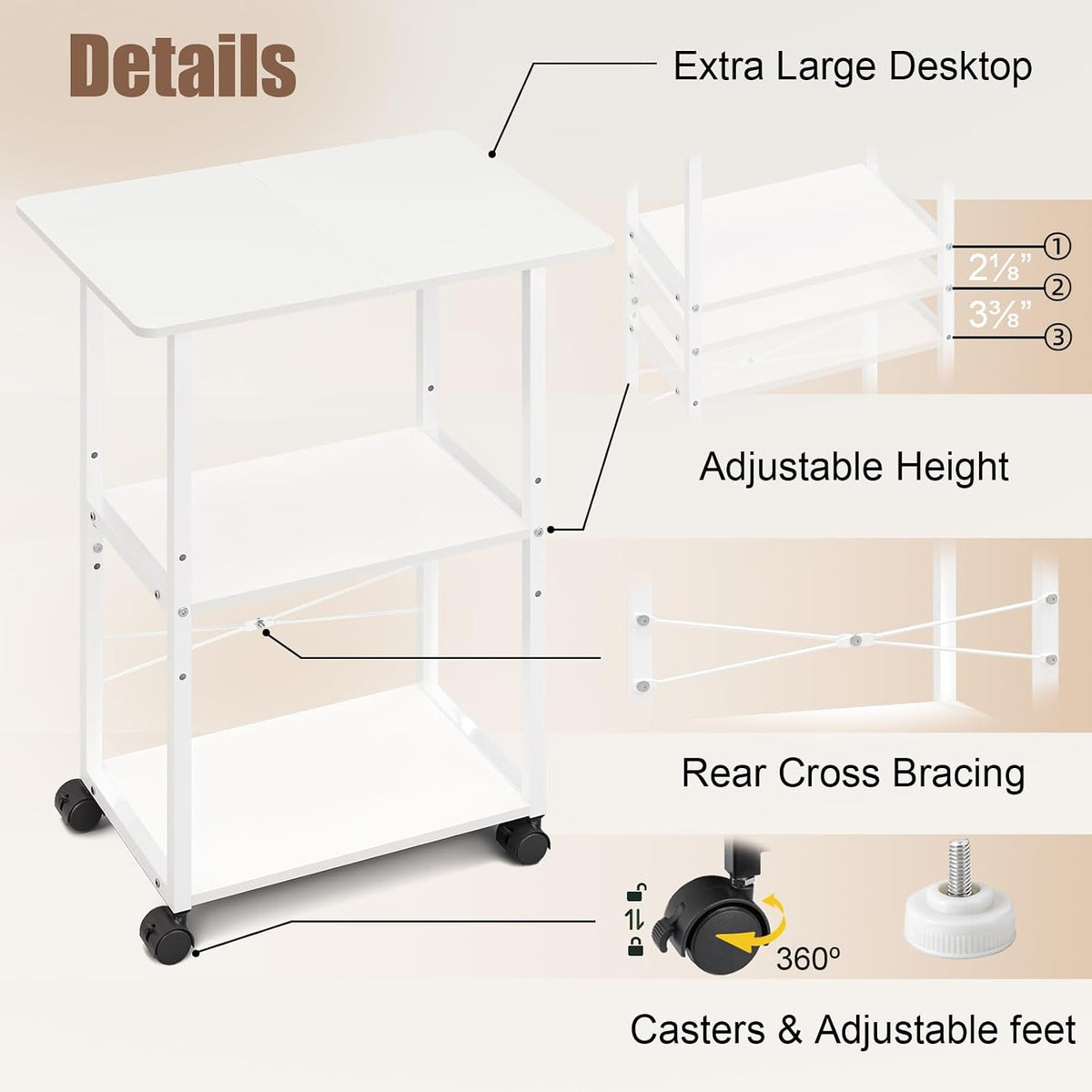 MARTY 3 Tier Large Printer Stand, Mobile Printer Table, Adjustable Shelf