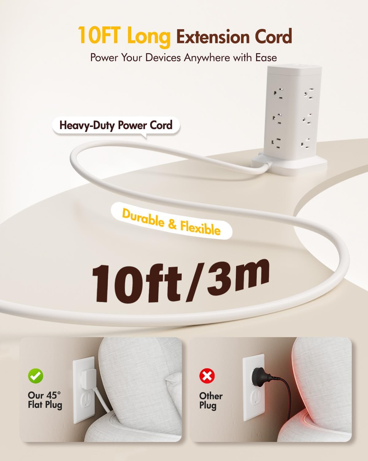 12AC 3USB Power Strip Tower Surge Protector, Extension Cord 10ft, White, 1
