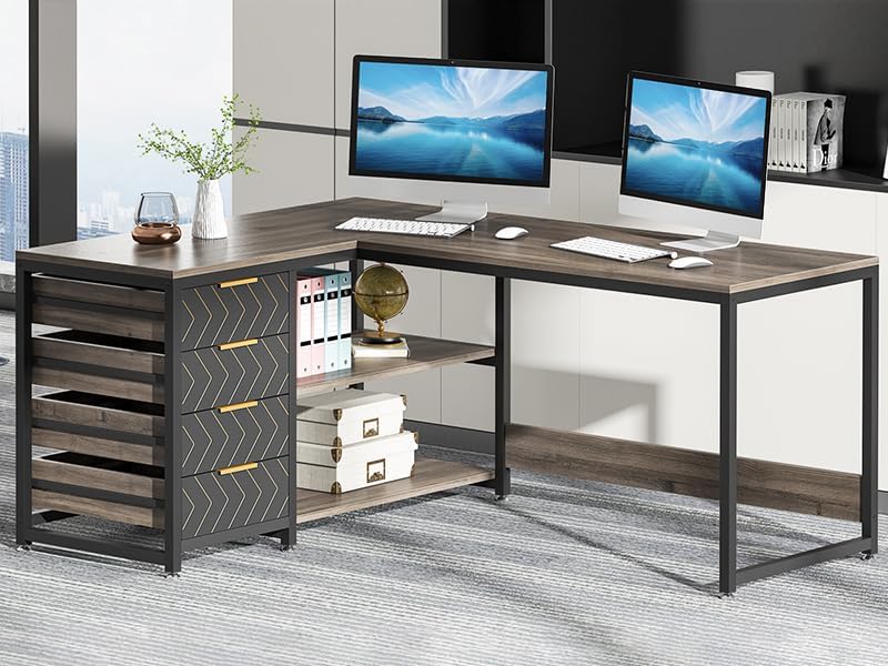 Tribesigns L Shaped Computer Desk with Storage Drawers, 59 inch Corner Desk w...
