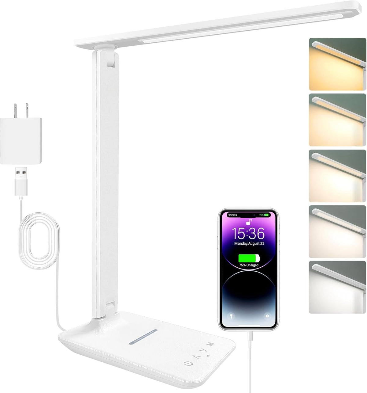 White crown LED Desk Lamp with 15W Wireless Charger & USB Port, Dimmable ...