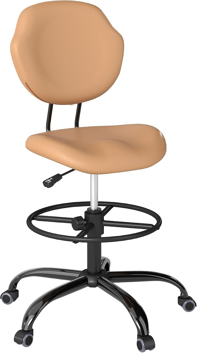 Drafting Chair with Back Support, Tall Desk Rolling Stool (Khaki, Set of 1)