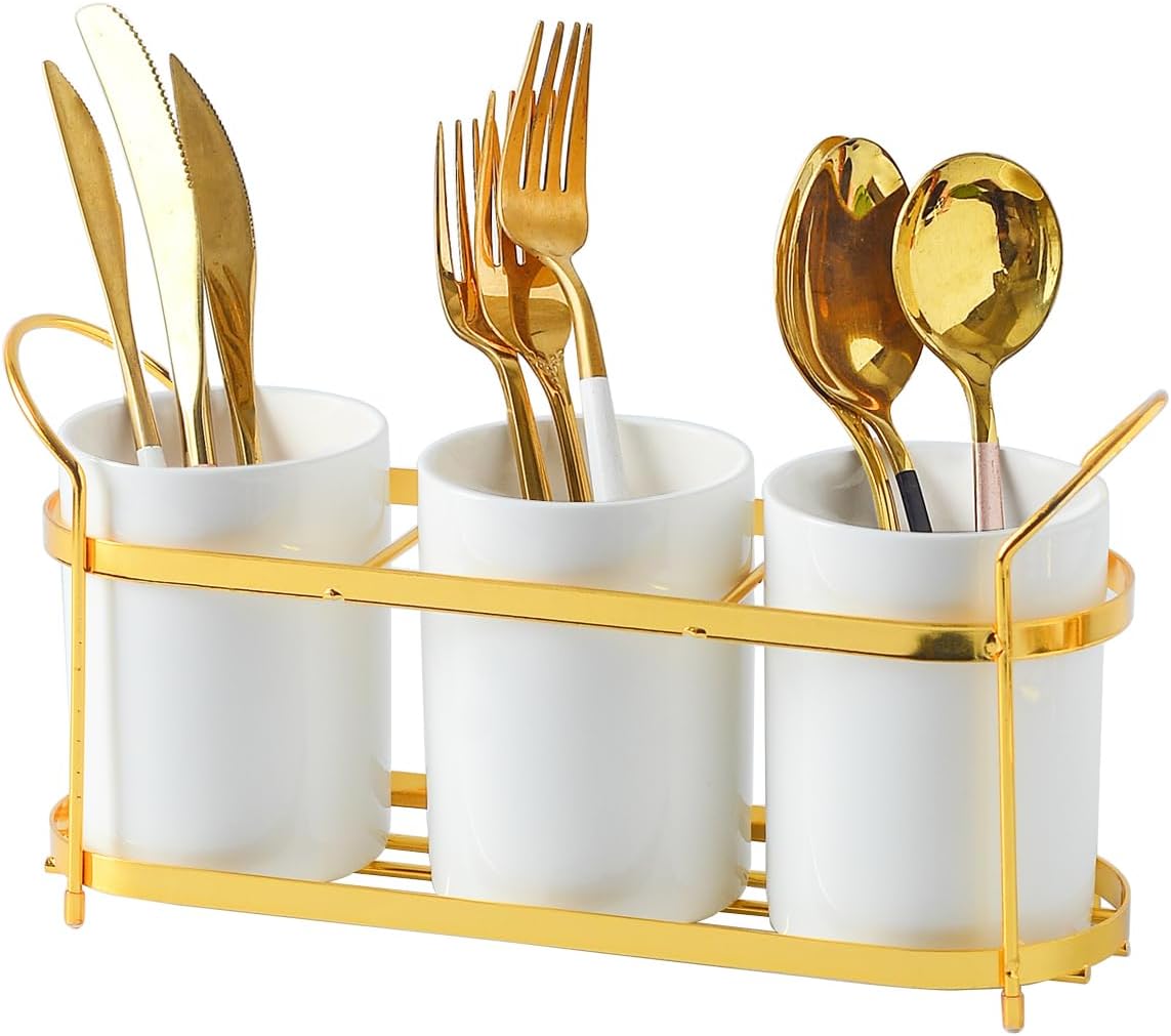 3-Piece White Ceramic Silverware Holder for Party Countertop, Utensil Holder ...