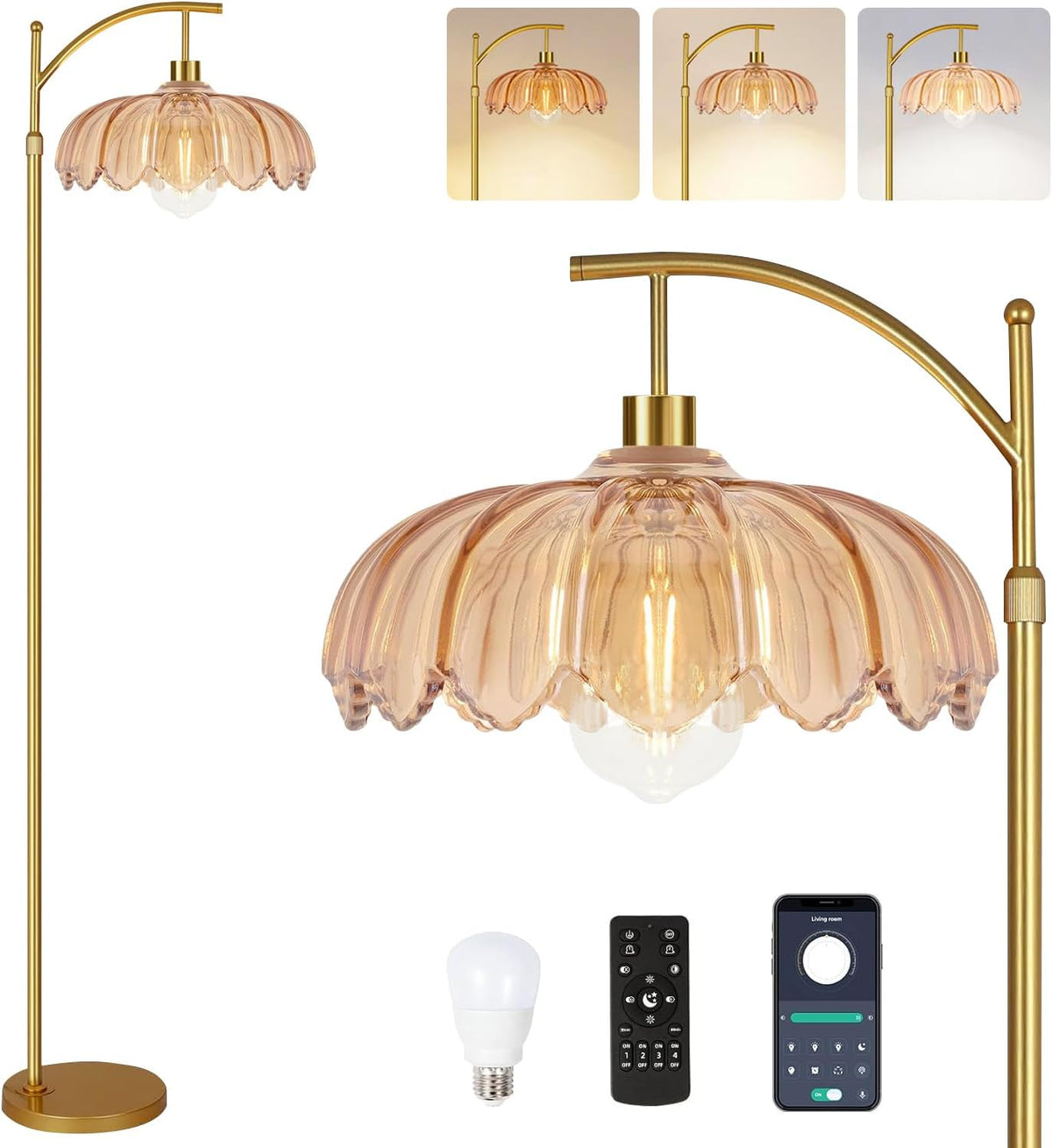 QIYIZM Glass Floor Lamp for Living Room,Bedroom,Gold Dimmable Standing Lamp w...