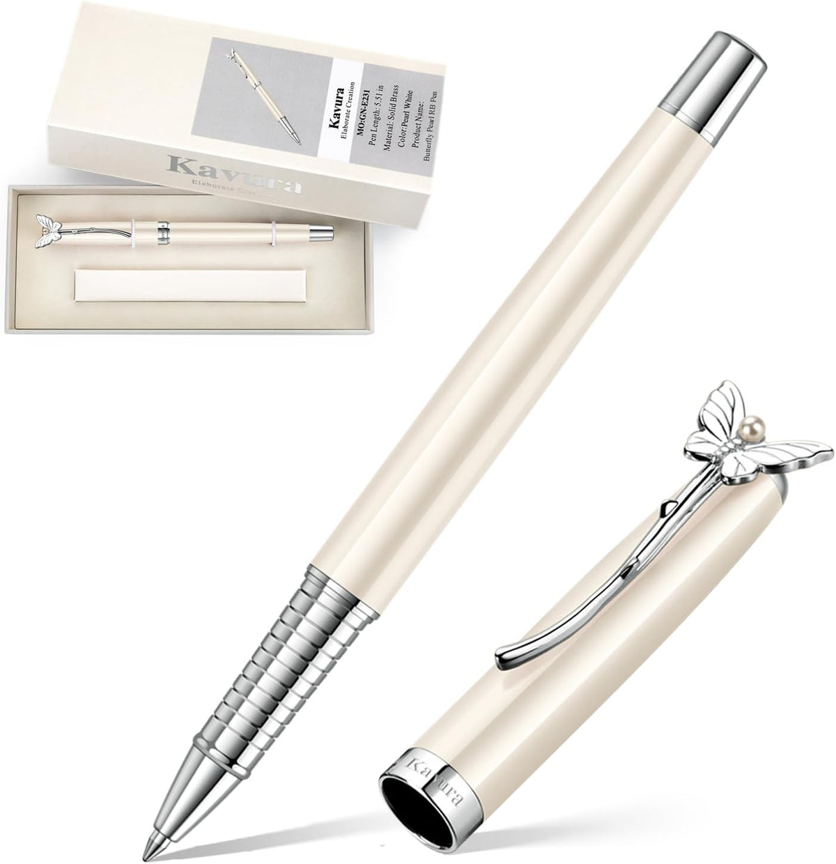 Butterfly & Pearl Rollerball Pen Gift Set for Women,Pearl White