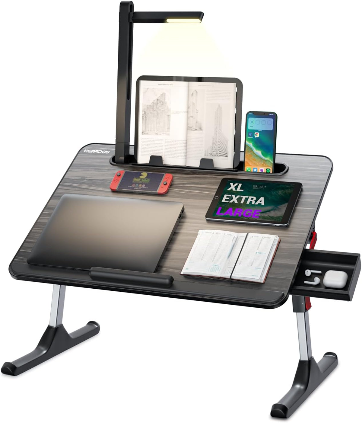 NEARPOW Laptop Bed Tray Desk with LED Desk Lamp, Foldable Couch Bed Table