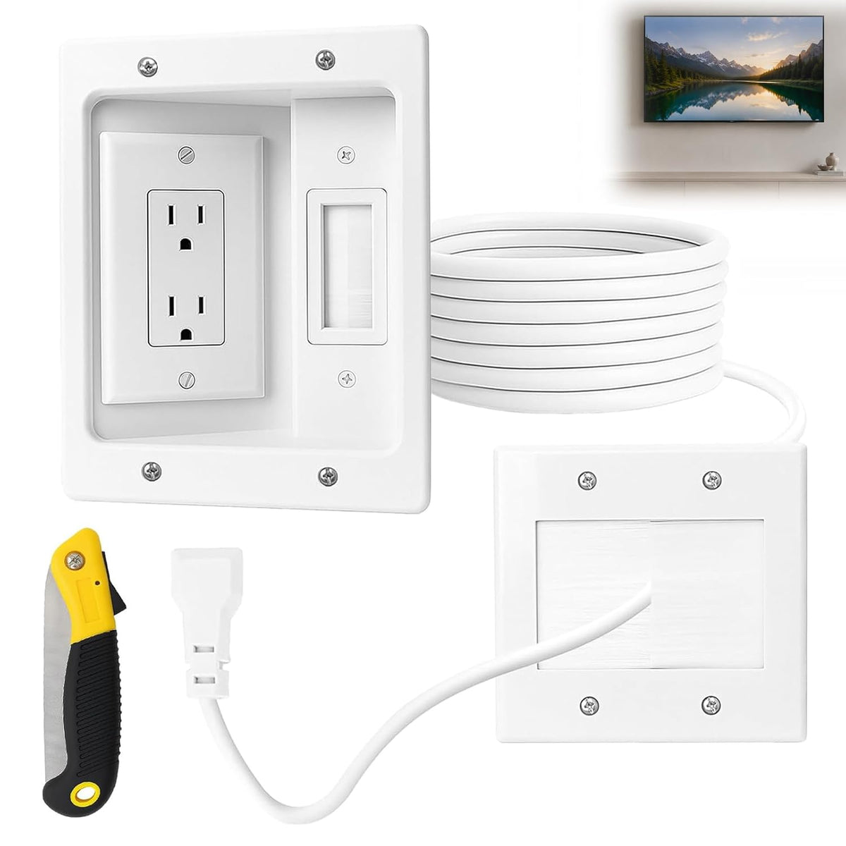 in-Wall TV Cable Management Kit with Recessed Dual AC Outlet, 9FT Extension C...
