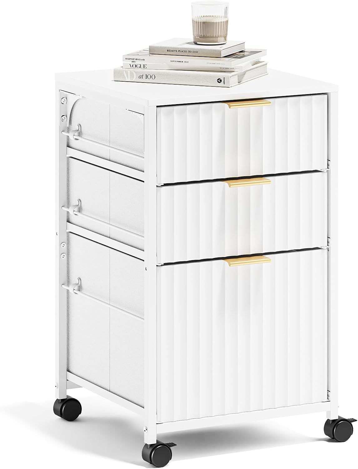 VINGLI 3 Drawer Fluted File Cabinet, Rolling File Cabinet Mobile Under Desk F...