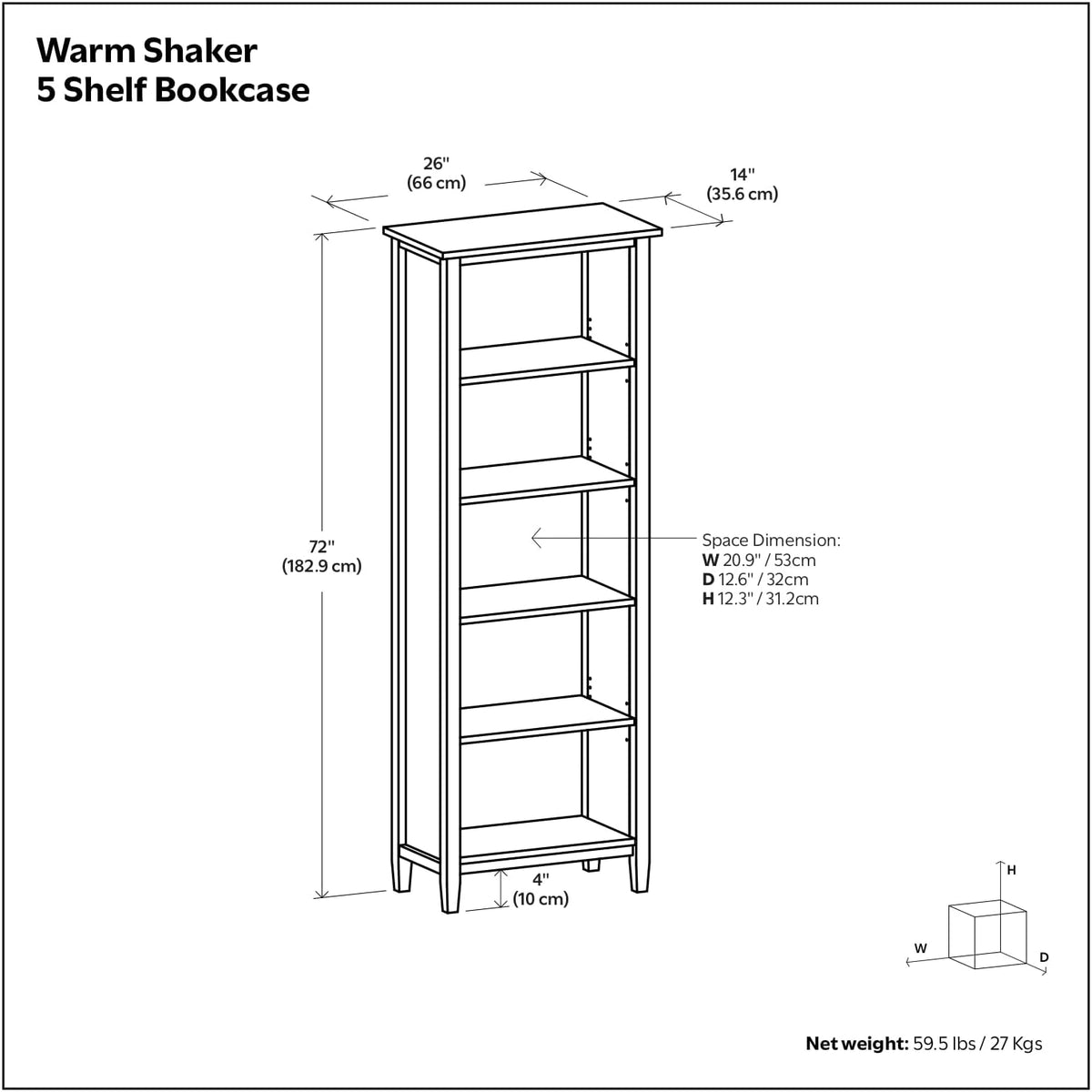 SIMPLIHOME Warm Shaker 72" Tall Solid Wood 5-Shelf Bookcase in Brown