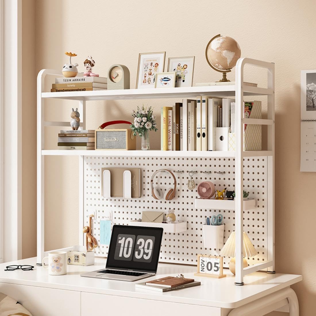 2 Tiers Freestanding Desk Bookshelf, 38 Inch Desktop Bookcase Display Shelf R...