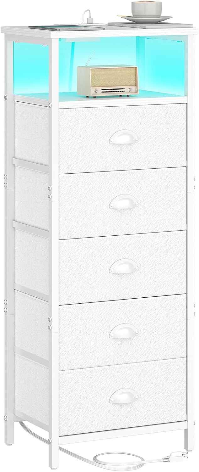 sthmec Nightstand with Charging Station,LED White Nightstands with 5 Fabric D...