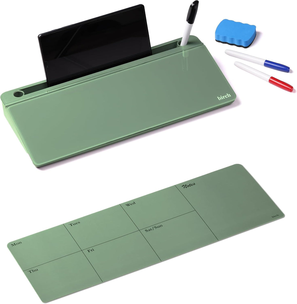 Birch Desktop Glass Whiteboard with Magnetic Weekly Calendar – Dry Erase Boar...