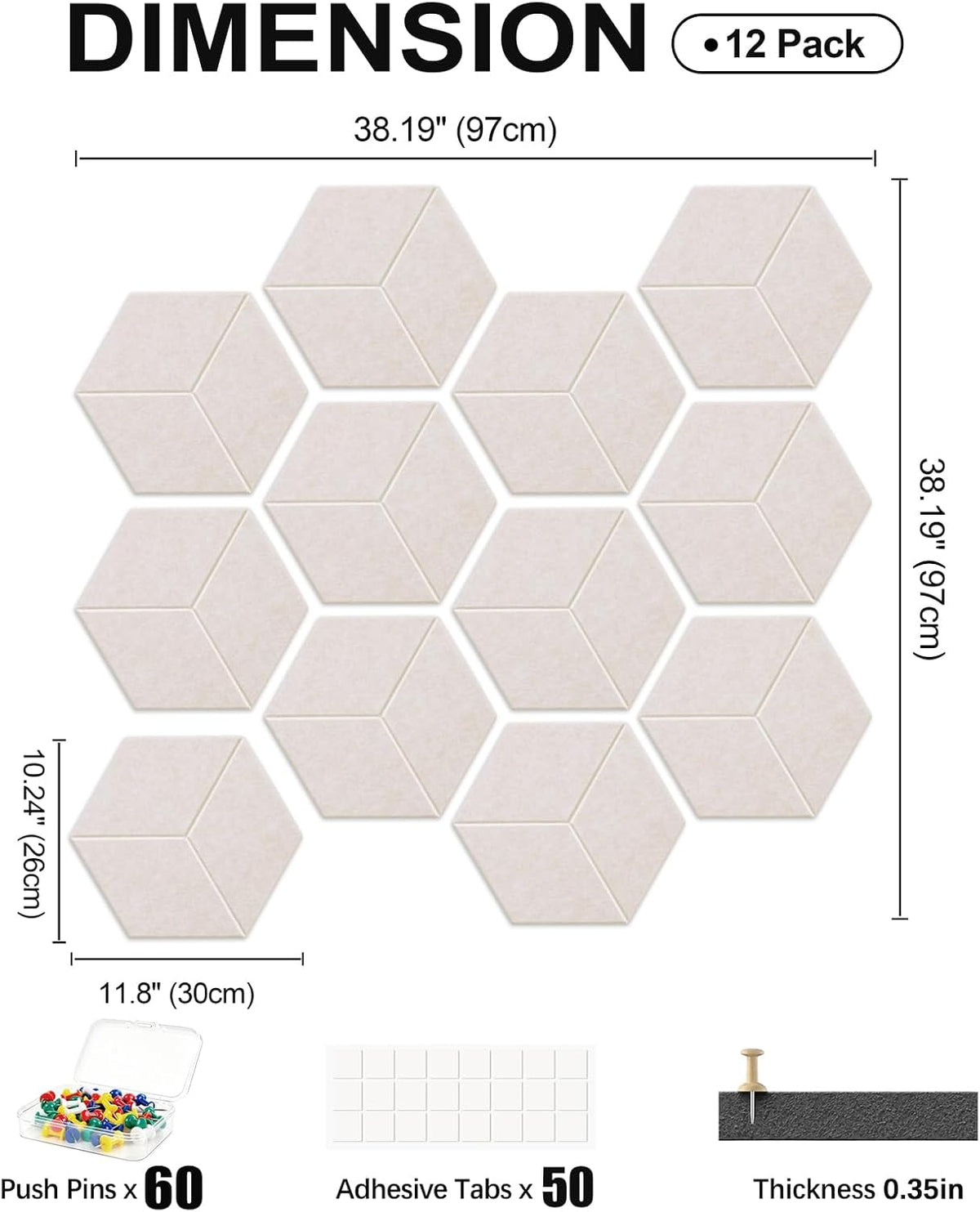 12-Pack Hexagon Cork Board Alternative for Walls Decor, 38.2" x 38.2&quo...