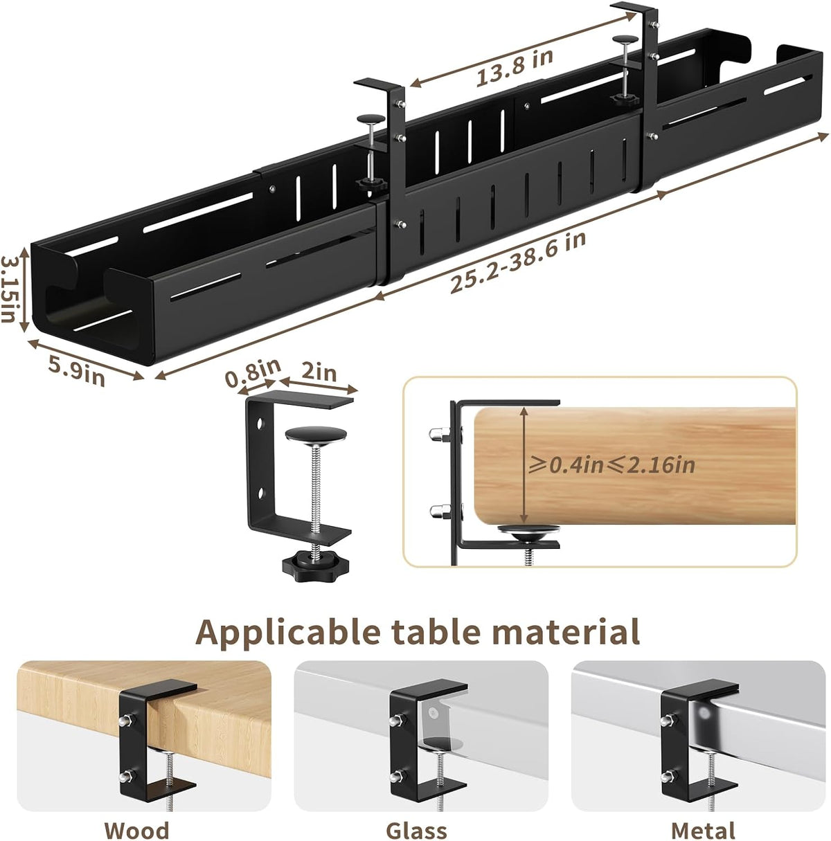 Under Desk Cable Management Tray,Expandable 25.2" – 38.6",Black