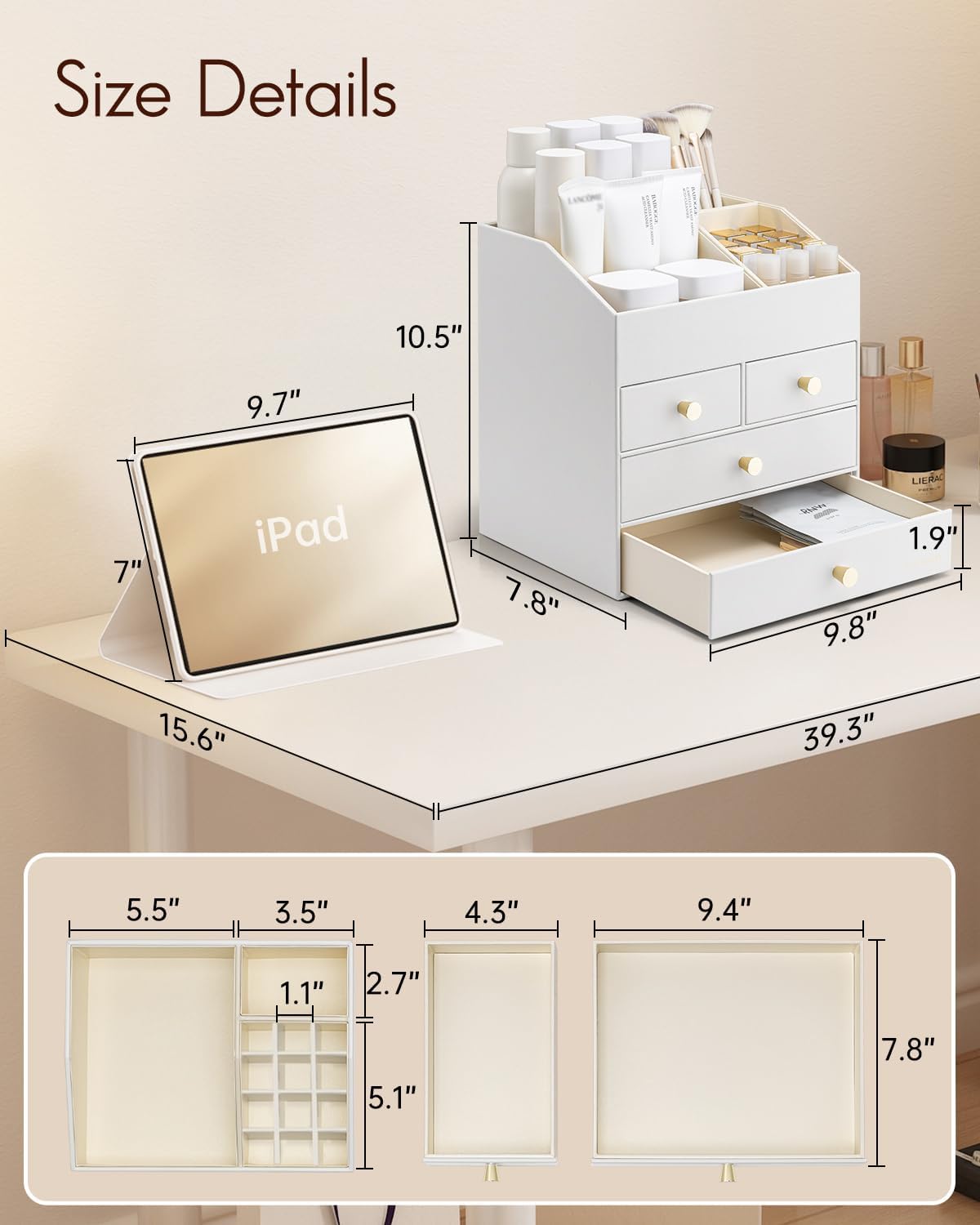 VLANDO Makeup Organizer Countertop with 4 Drawers,White