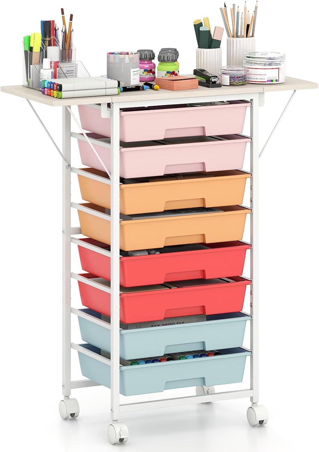 GOFLAME 8-Drawer Rolling Storage Cart with Foldable Wooden Top