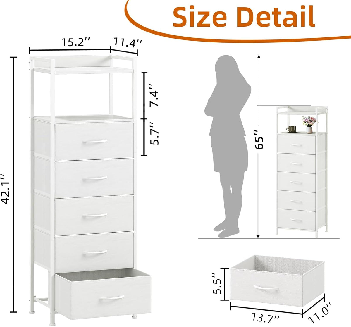 Somdot White Tall Dresser for Bedroom with 5 Drawers, Tall Nightstand
