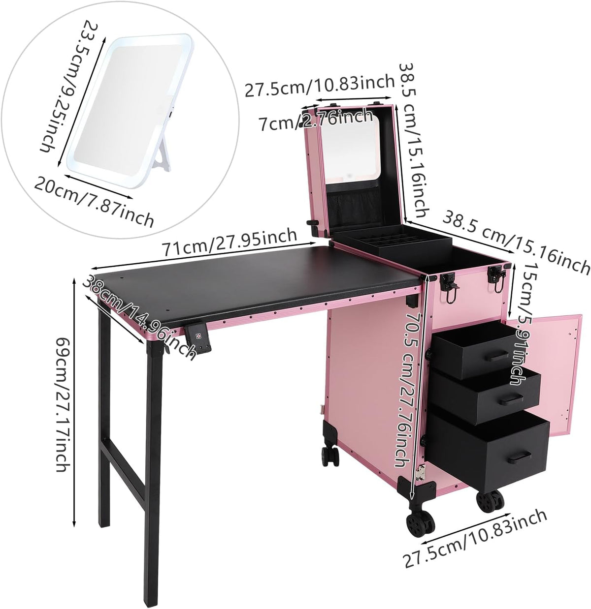 Professional Rolling Makeup Case, Foldable Nail Tables, Portable Manicure Tab...
