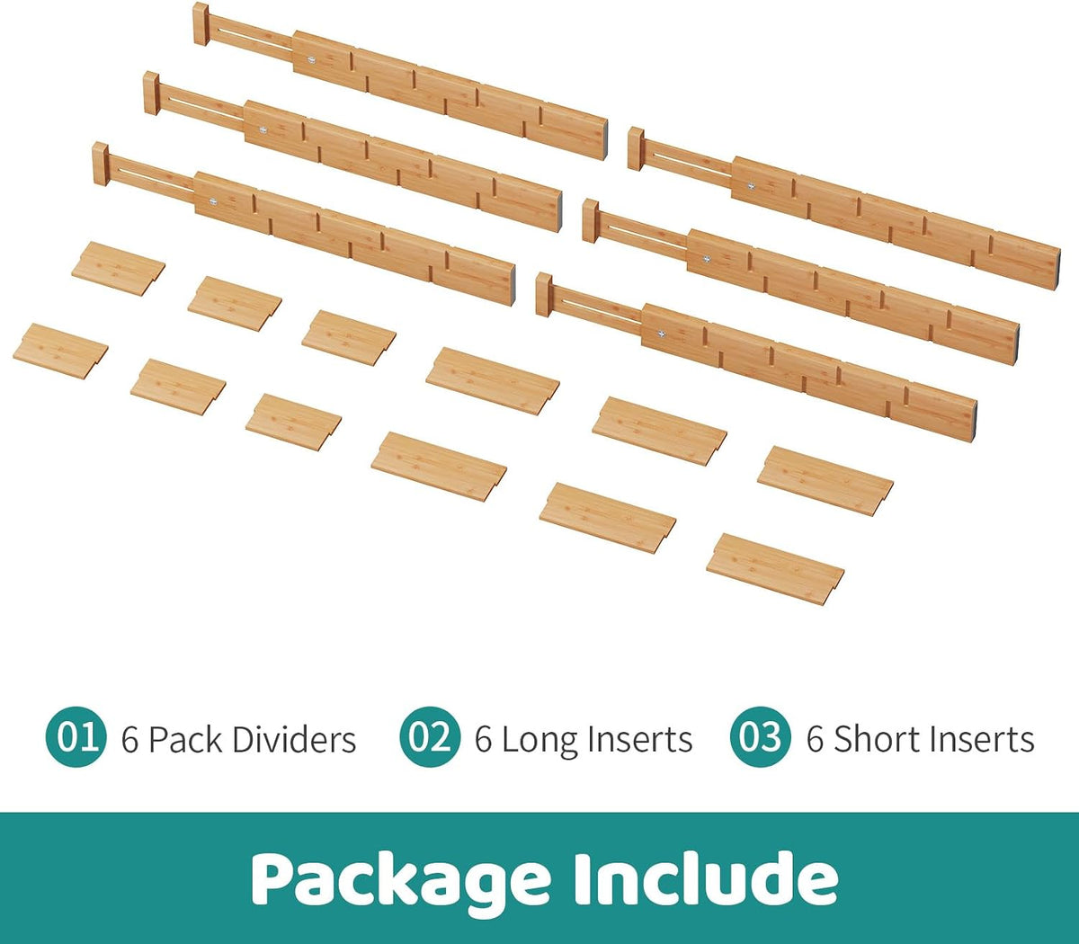 6 Pack Bamboo Drawer Dividers with Inserts, Kitchen Adjustable Drawer Organiz...