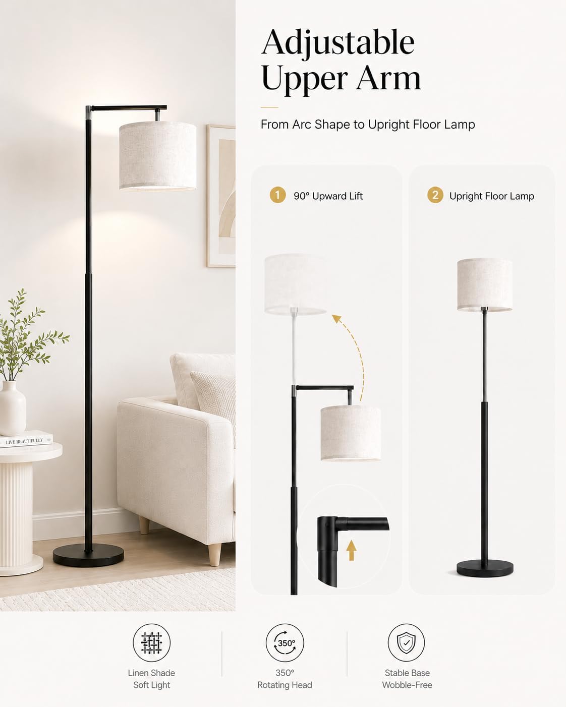 GERGO Modern Arc Floor Lamp for Living Room, Adjustable Linen Shade, Black