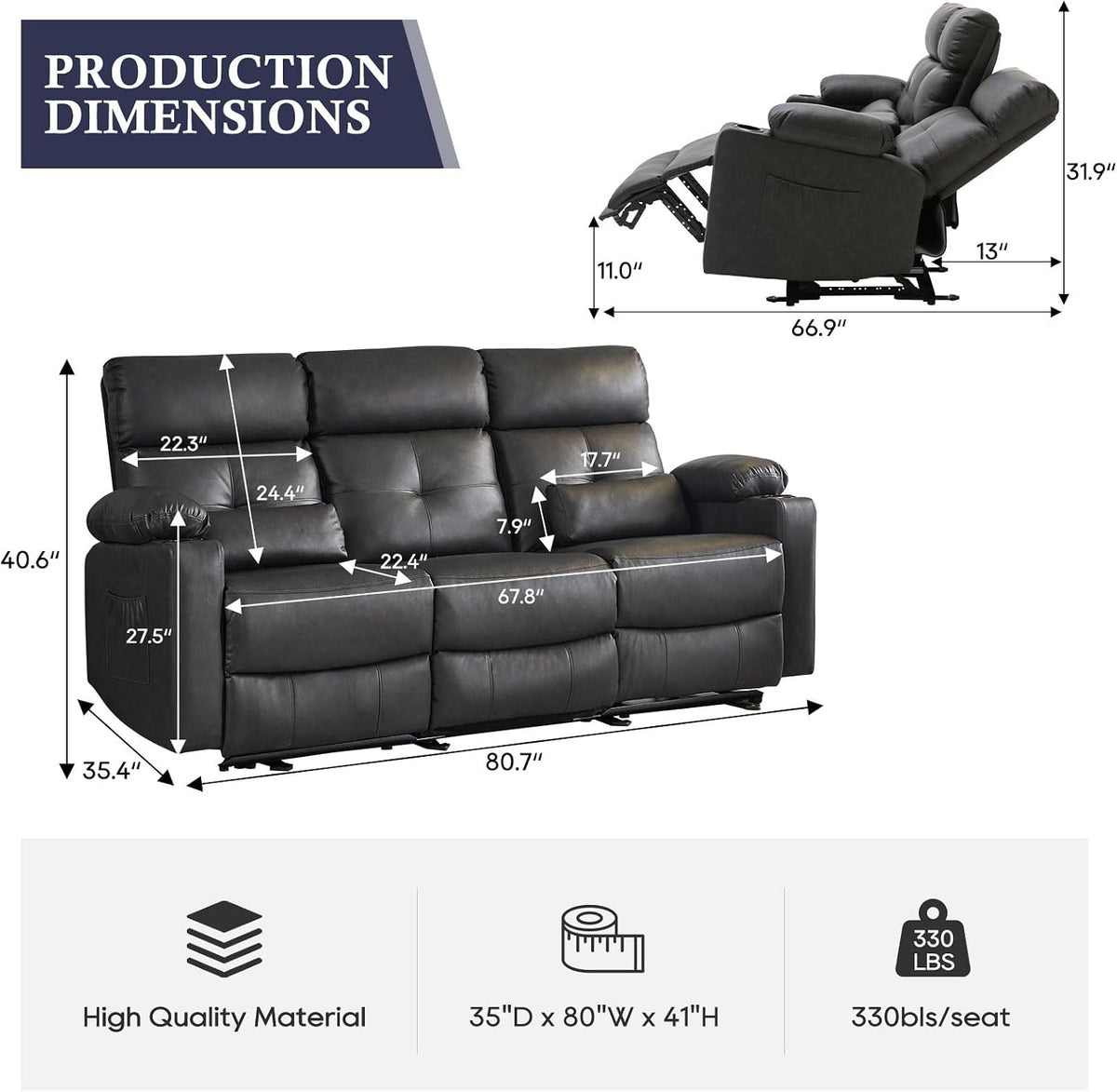Power Reclining Sofa with Heat and Massage, Electtric Reclining Couch with Ex...