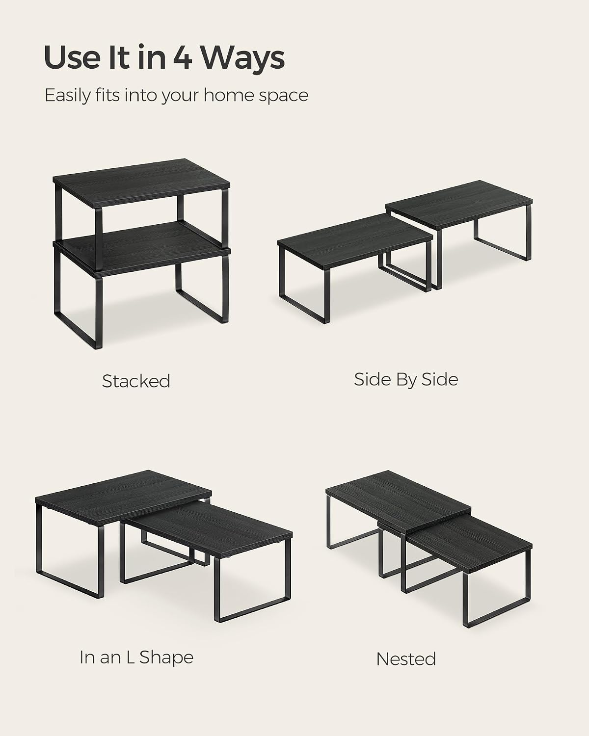 SONGMICS Cabinet Organizer Shelf, Set of 4, Stackable, Expandable
