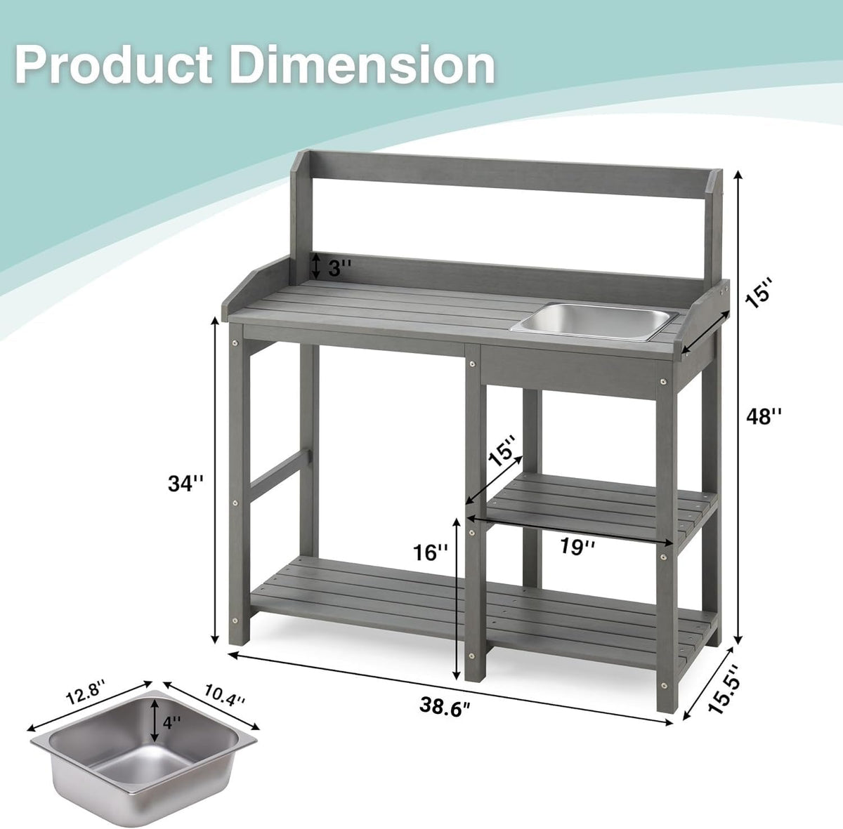 Psilvam Outdoor Potting Bench Table with Sink for Outside Garden, Gray