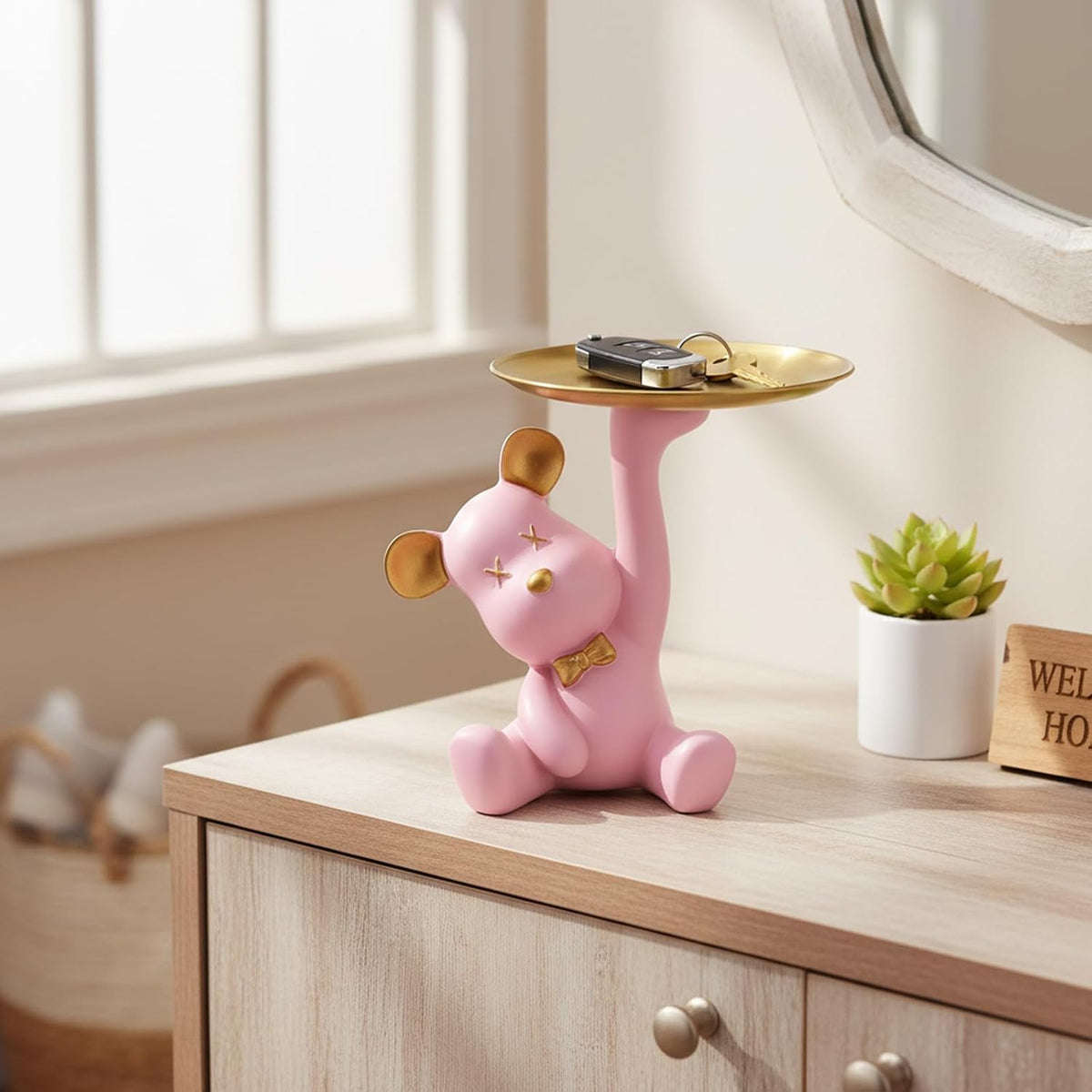 Bear Figurine Tray, Resin Key & Candy Dish Bowl for Entryway Table,