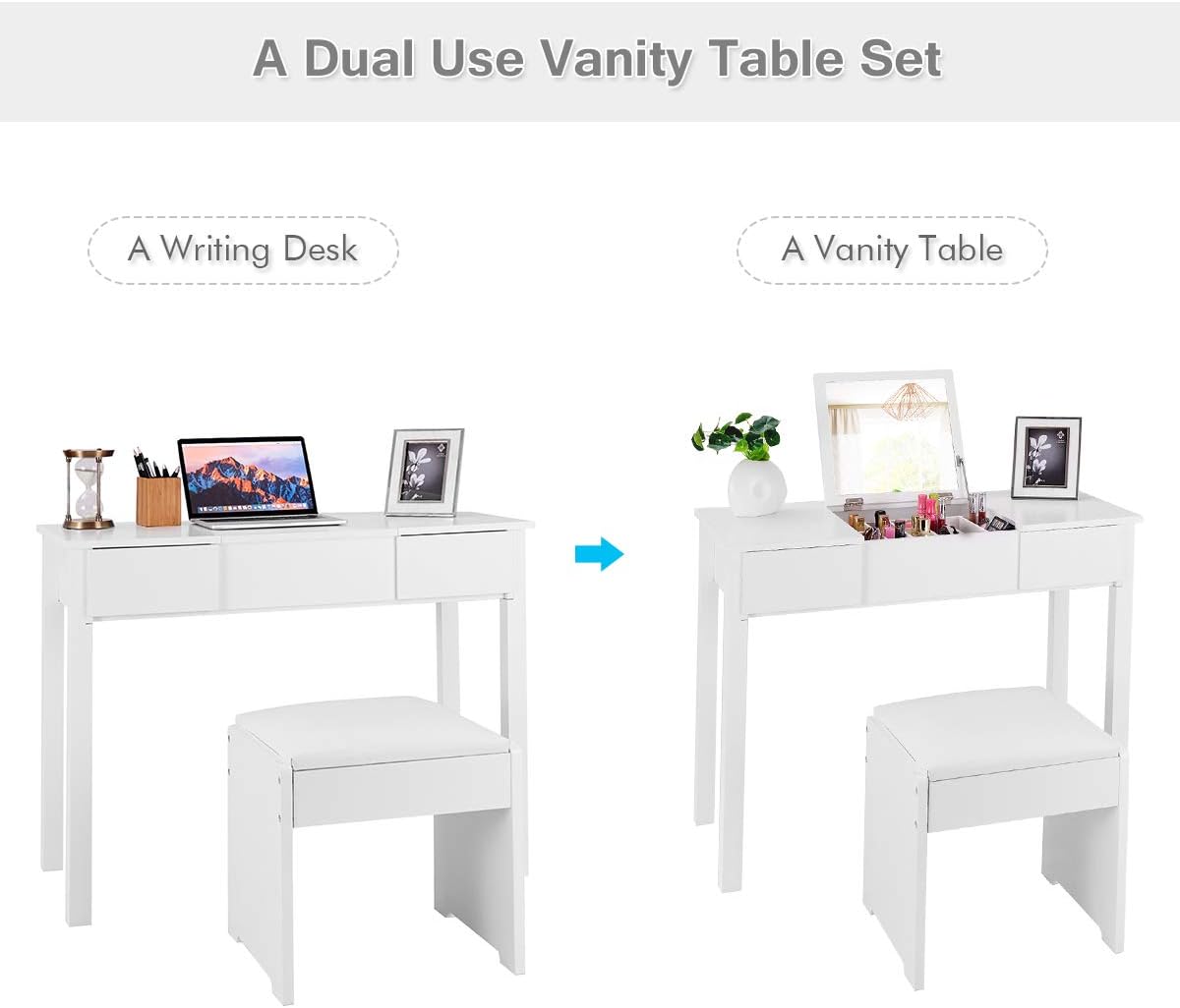 GIANTEX Vanity Set with Flip Top Mirror and Cushioned Stool, Makeup Dressing ...