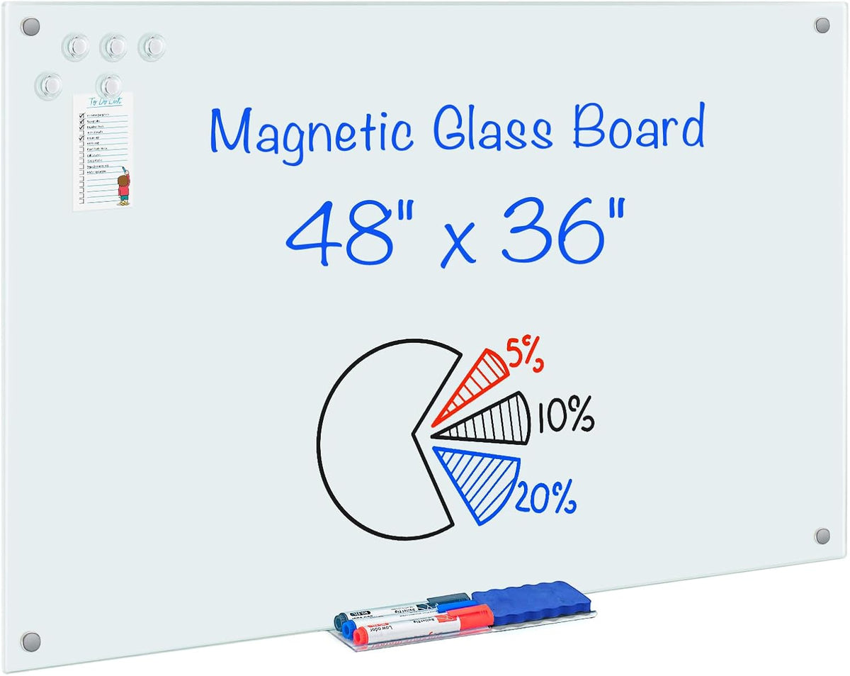 Maxtek Magnetic Glass Whiteboard 48 x 36 in, Frameless Glass Board for Wall
