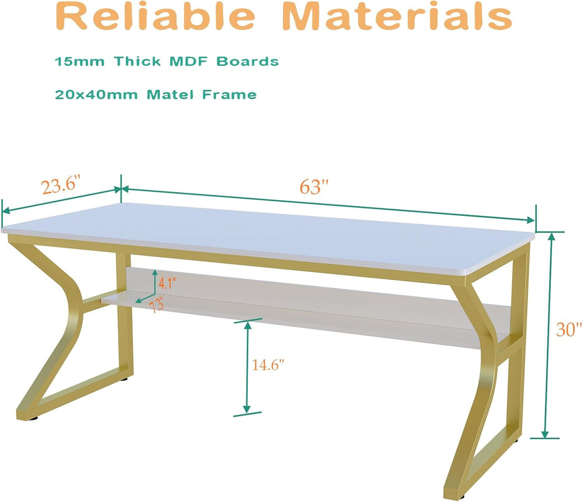 OSCHF 63-Inch Extra Long Desk with Storage Shelf, Gold